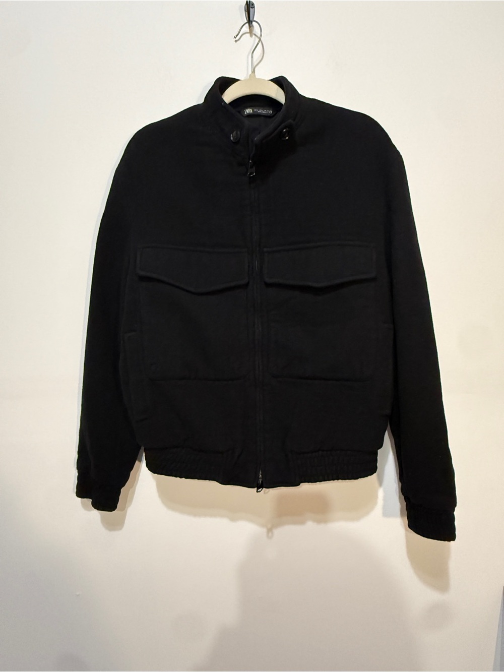 Zara Men Wool Blend, Felt Texture, Lined, Black Bomber Jacket size Large